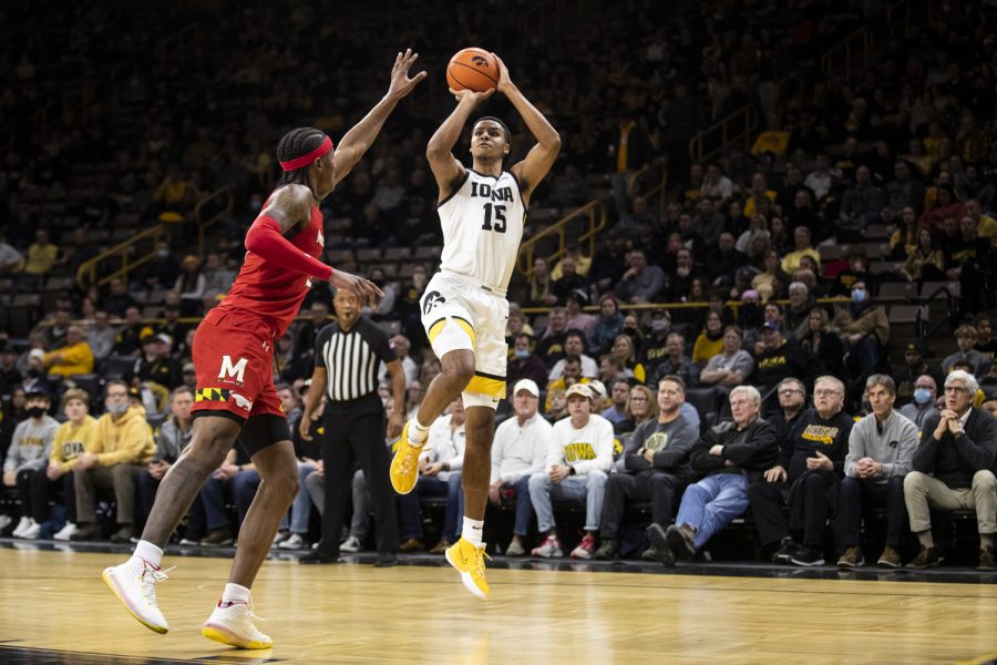 Iowa forward Keegan Murray fades away during a men’s basketball between Iowa and Maryland at Carver-Hawkeye Arena on Monday, Jan. 3, 2022. Murray made 14 shots on 21 attempts. The Hawkeyes defeated the Terrapins, 80-75.