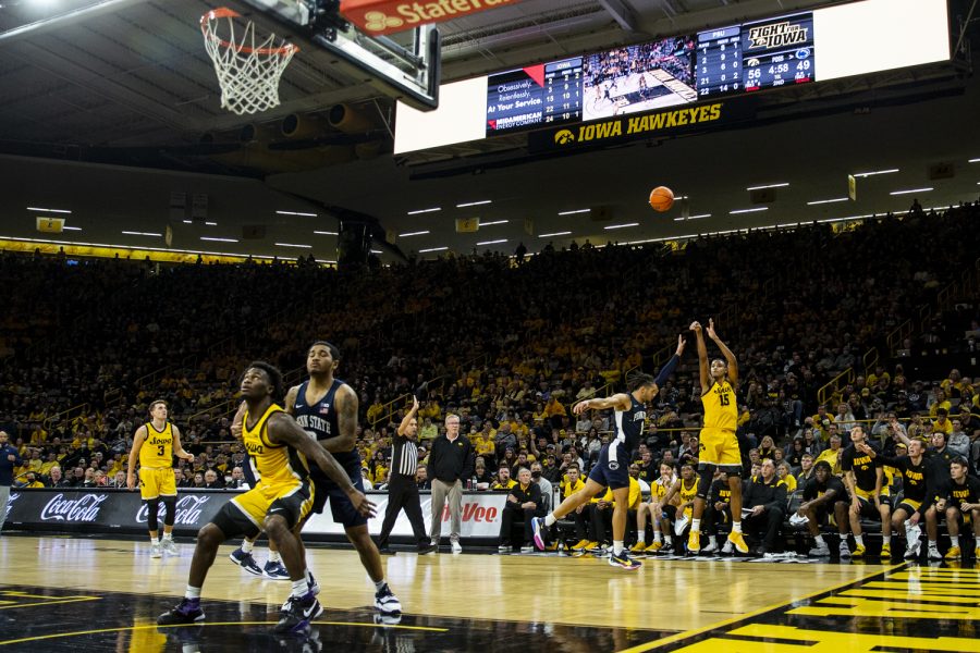 Iowa forward Keegan Murray attempts a 3-pointer during a men’s basketball game between Iowa and Penn State at Carver-Hawkeye Arena on Saturday, Jan. 22, 2022.