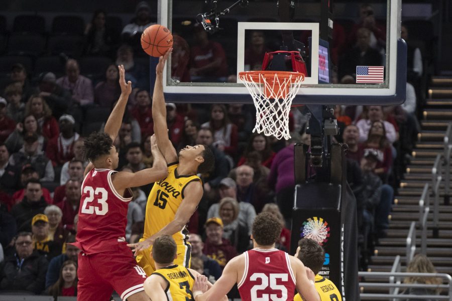 Iowa forward Keegan Murray blocks a shot during a men’s basketball game between No. 5 Iowa and No. 9 Indiana in the Big Ten Basketball Tournament Semifinals at Gainbridge Fieldhouse in Indianapolis on Saturday, March 12, 2022. Murray led the team with 2 blocks. The Hawkeyes defeated the Hoosiers, 80-77.