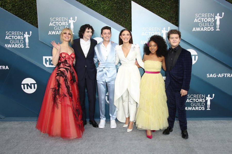 Jan 19, 2020; Los Angeles, CA, USA;   From left, Cara Buono, Finn Wolfhard, Noah Schnapp, Priah Ferguson, and Gaten Matarazzo arrive at the 26th Annual Screen Actors Guild Awards at the Shrine Auditorium. 