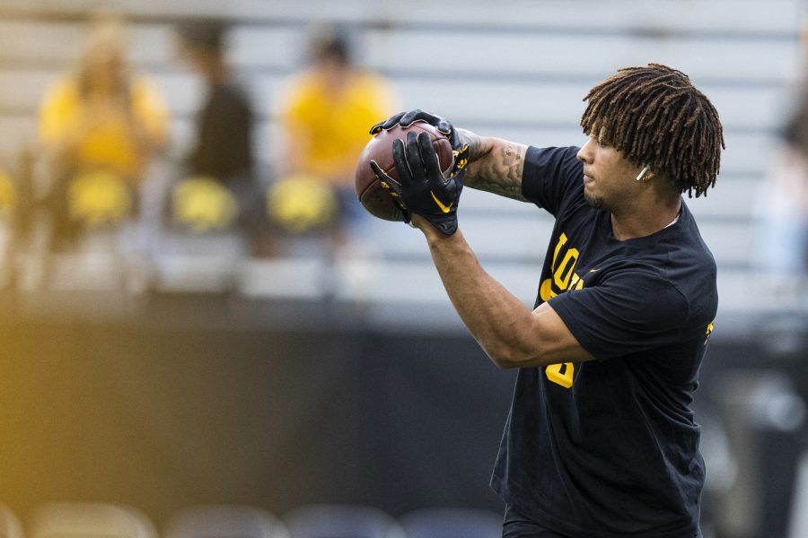 Iowa wide receiver Keagan Johnson catches a pass in warmups before a football game between Iowa and Nevada at Kinnick Stadium in Iowa City on Saturday, Sept. 17, 2022. Johnson did not play in Iowa’s first two matchups this season. (Jerod Ringwald/The Daily Iowan)