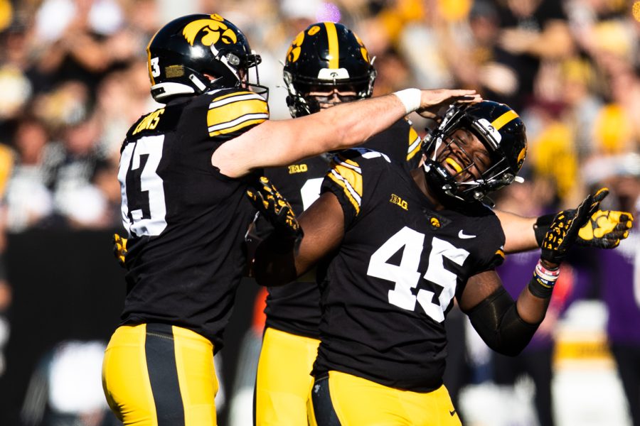 Iowa defensive lineman Deontae Craig celebrates during a football game between Iowa and Northwestern at Kinnick Stadium on Saturday, Oct. 29, 2022. Iowa defeated Northwestern, 33-13.
