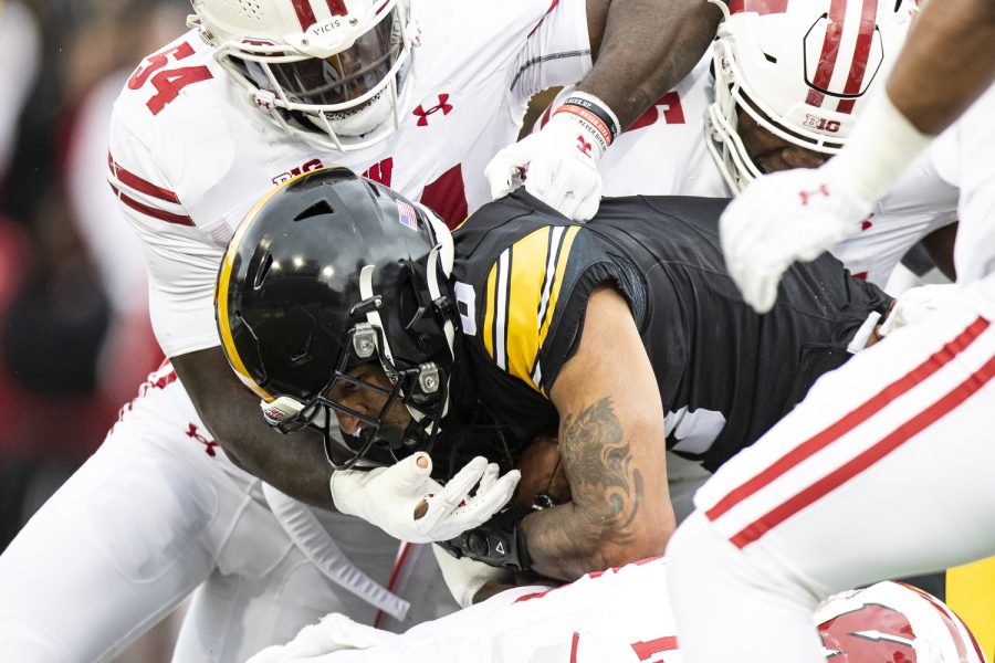 Iowa wide receiver Diante Vines runs after a reception during a football game between Iowa and Wisconsin at Kinnick Stadium on Saturday, Nov. 12, 2022. Vines recorded three receptions for 25 yards. The Hawkeyes defeated the Badgers, 24-10.