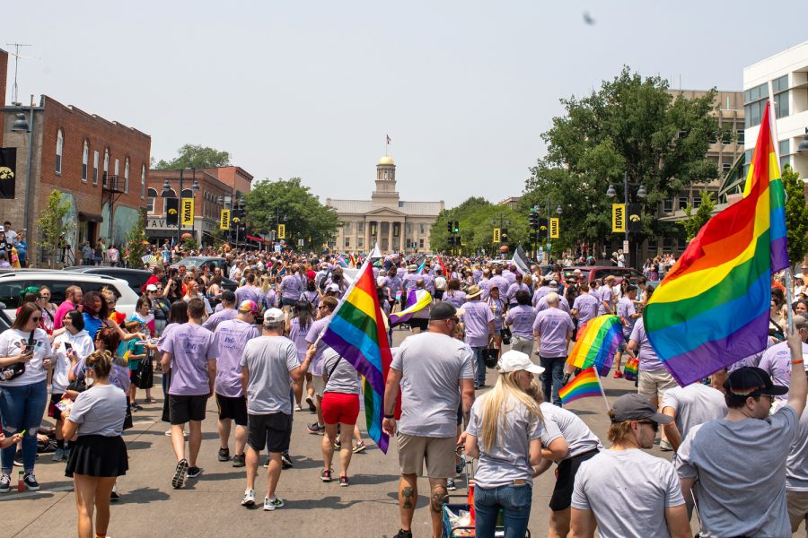 Iowa City residents gather during the 2023 Pride Parade &amp; Festival in downtown Iowa City on Saturday, June 17, 2023.