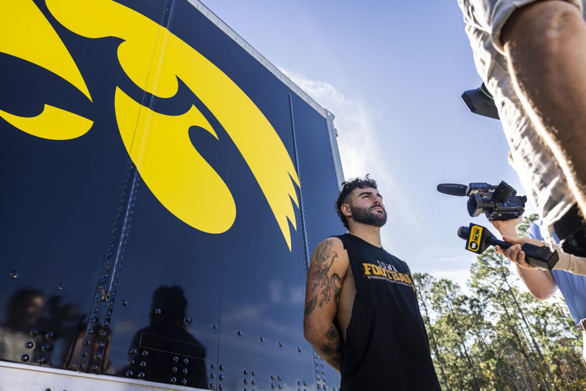 Iowa wide receiver Nico Ragaini speaks with reporters after an Iowa football practice at Celebration High School in Celebration, Fla., on Friday, Dec. 29, 2023. Iowa plays Tennessee in the 2024 Cheez-It Citrus Bowl at Camping World Stadium on Monday, Jan. 1, at noon CT. Ragaini averaged 8.7 yards per reception in the 2023-24 season.