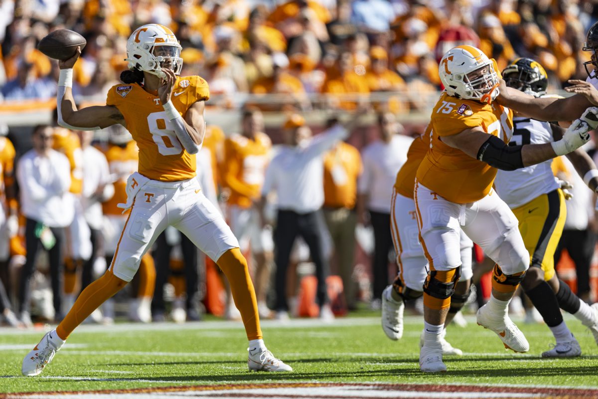 Tennessee quarterback Nico Iamaleava prepares to throw the ball during the 2024 Cheez-It Citrus Bowl between No. 17 Iowa and No. 21 Tennessee at Camping World Stadium in Orlando, Fla., on Monday, Jan. 1, 2024. (Ayrton Breckenridge/The Daily Iowan)