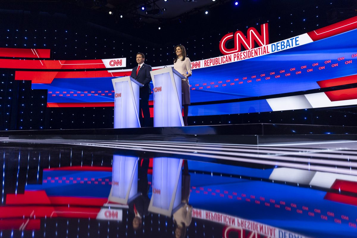 Florida Gov. Ron DeSantis and former South Carolina Gov. Nikki Haley stand on stage during the fifth Republican Presidential Primary Debate in Sheslow Auditorium at Drake University in Des Moines on Wednesday, Jan. 10, 2024. The debate between Haley and DeSantis was broadcasted on CNN. Former President Donald Trump qualified for the debate but held a separate town hall at the same time on Fox News.