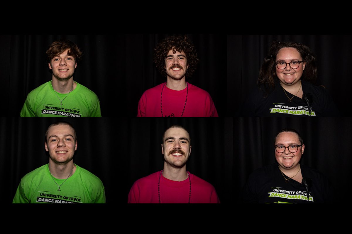 Jonny Burns, Logan Ehrecke, and Tess Haug pose for portraits before and after shaving their heads during the University of Iowa’s 30th Dance Marathon at the Iowa Memorial Union in Iowa City on Saturday, Feb. 3, 2024. Dancers raised $1,454,929.30 for the Stead Family Children's Hospital. 