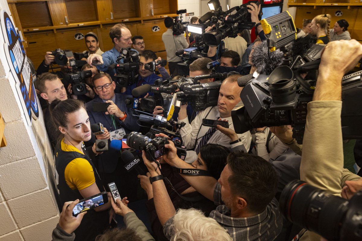 Iowa guard Caitlin Clark answers questions from reporters during a day of press conferences and open practices ahead of an NCAA Tournament Sweet Sixteen game between No. 1 Iowa and No. 5 Colorado at MVP Arena in Albany, N.Y., on Friday, March 29, 2024. The Hawkeyes and the Buffaloes face off Saturday at 2:30 p.m. CT.