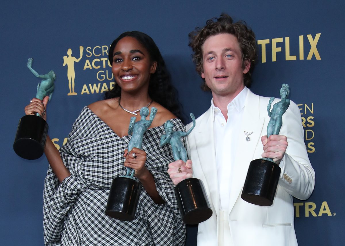 Feb 24, 2024; Los Angeles, CA, USA; Ayo Edebiri and Jeremy Allen White, winners of the Outstanding Performance by a Female and Male Actor in a Comedy Series and Outstanding Performance by an Ensemble in a Comedy Series for 'The Bear' at the Screen Actors Guild Awards on Saturday, Feb. 24, 2024 at The Shrine Auditorium and Expo Hall in Los Angeles.. Mandatory Credit: Dan MacMedan-USA TODAY