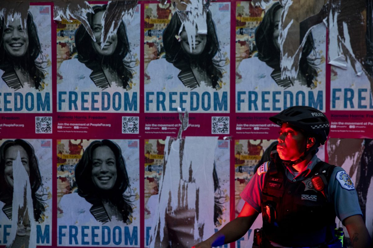 A police officer observes protestors during the third day of the 2024 Democratic National Convention in Chicago on Wednesday, Aug. 21, 2024. Hundreds of police officers and other security officials surrounded Union Park leading up to a Coalition for Justice in Palestine march