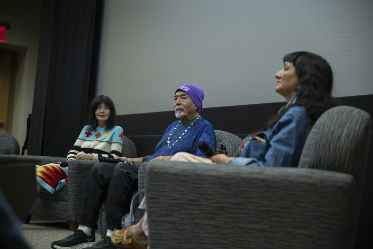 Panelists (from left) Joy Harjo, Juan Felipe Herrera, and Sandra Cisneros speak during Latino-Native American Alumni Alliance Reunion at the Iowa Memorial Union on Sept. 29. Native American and Latino speakers spoke at a panel and shared their experiences as Iowa graduates.