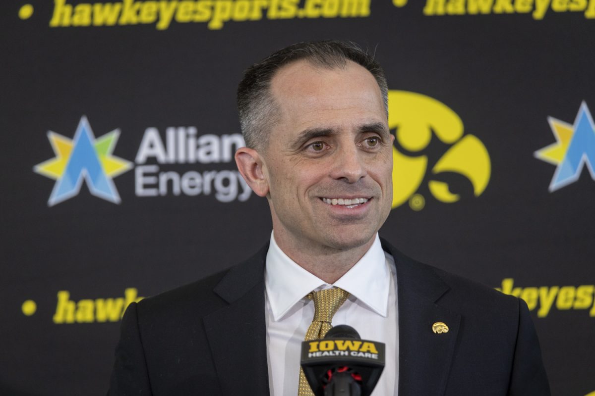 Newly hired Iowa Men’s basketball coach Ben McCollum speaks at a press conference at Carver Hawkeye area on March 25, 2025. McCollum is an Iowa City native and held previous coaching jobs at Northwest Missouri State and Drake. His coaching record is 426–95. Wyatt Goodale Daily Iowan.