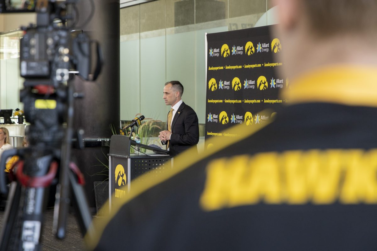 Newly hired Iowa Men’s basketball coach Ben McCollum speaks at a press conference at Carver Hawkeye area on March 25, 2025. McCollum is an Iowa City native and held previous coaching jobs at Northwest Missouri State and Drake. His coaching record is 426–95. Wyatt Goodale Daily Iowan.